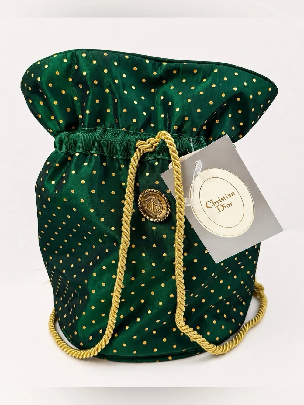 Vintage Dior Cosmetic Bag Set Green Gold Polka Dot NOS - Picture 2 of 16